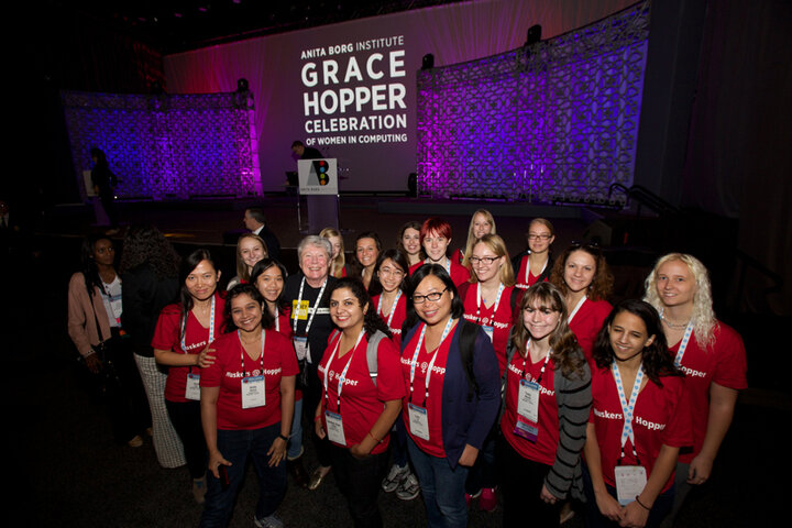 BRAIDS group at Grace Hopper Conference, 2014 (before departure and at conference with Maria Klawe)